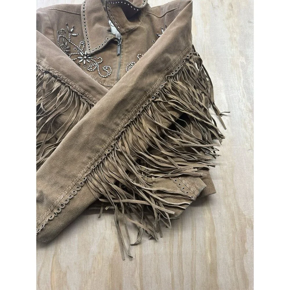 Cripple Creek Black Fringe Leather Suede Western Studded Women's Jacket Rodeo S - Picture 7 of 12
